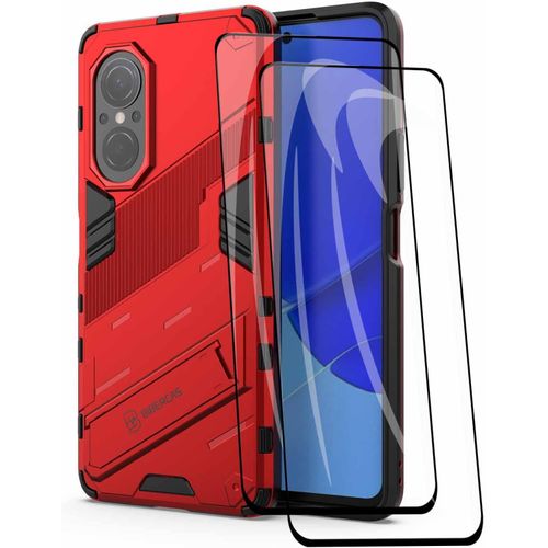 Coque Antichoc Huawei Nova 9 Se (6.78"") Avec Verre Trempé, Support Caché, Bumper Silicone Et Découpes Précises - Rouge