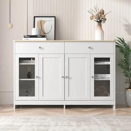 Buffet En Bois Blanc Veiné, Quatre Portes, Avec Deux Tiroirs, Porte Avec Verre. Salon, Salle À Manger. Couleur Bois Et Blanc