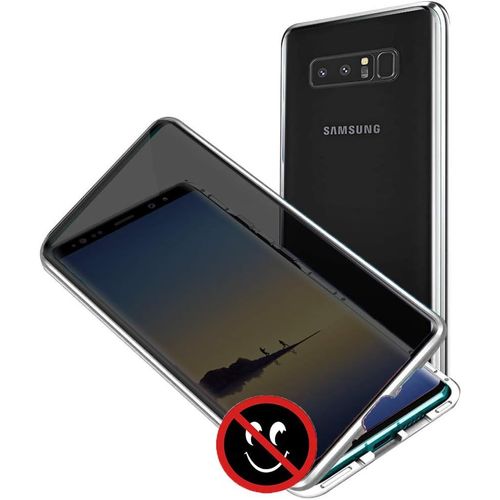 Coque Anti-Espion Magnétique Pour Samsung Galaxy Note 8 - Double Verre Trempé 9h, Protection Métal Antichoc 360°, Housse Transparente Avec Film De Confidentialité, Argent