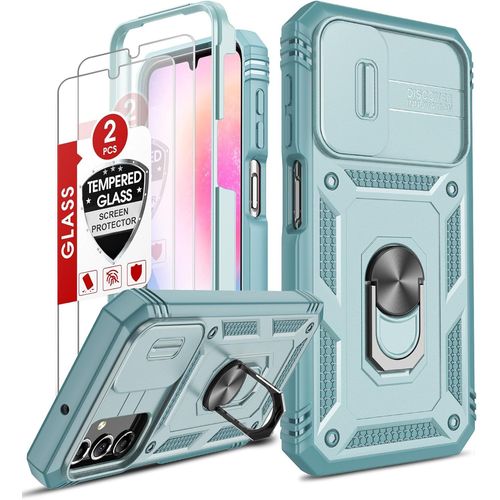 Coque De Protection Antichoc Samsung Galaxy A25 5g, Tpu Souple + Pc Dur Avec Écran Caméra Coulissant, 2 Verres Trempés Et Anneau Support Inclus - Vert