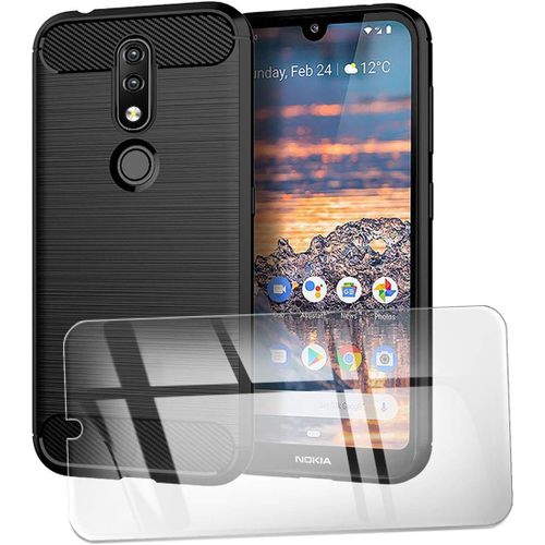 Coque De Protection Avec Verre Trempé Pour Nokia 4.2 - Fibre Carbonique Antichoc, Compatible Parfaite, Revêtement Anti-Empreintes, Noir