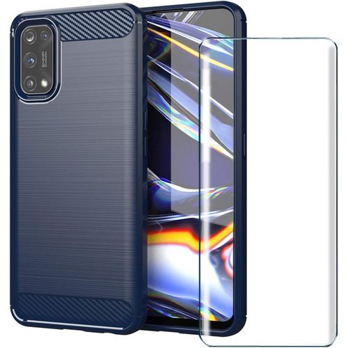Coque de Protection avec Film en Verre Trempé pour Realme 7 Pro 5G - TPU Silicone Doux Anti-Chocs, Fibre de Carbone Bleu, Transparence HD 99,9%, Compatibilité Chargeur & Écouteurs