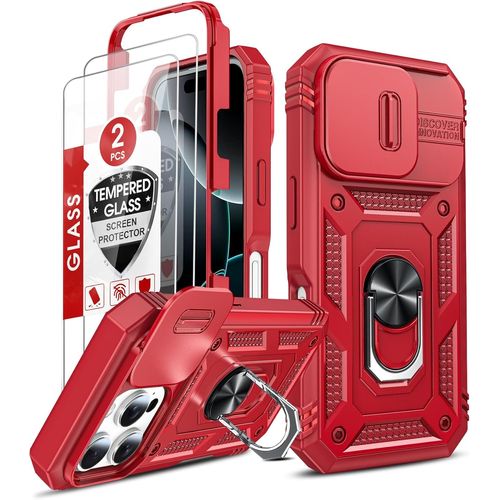 Coque Armor Antichoc Iphone 16 Pro Max 6.9"" Avec 2 Verres Trempés + Anneau Support, Protection Caméra Intégrale En Pc Dur Anti-Chute, Tpu Souple Anti-Empreintes, Rouge