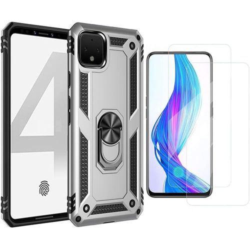 Coque De Protection Google Pixel 4 Avec Support Rotatif 360°, Double Couche Tpu + Pc, Verre Trempé 2 Pièces, Antichoc Militaire - Argent