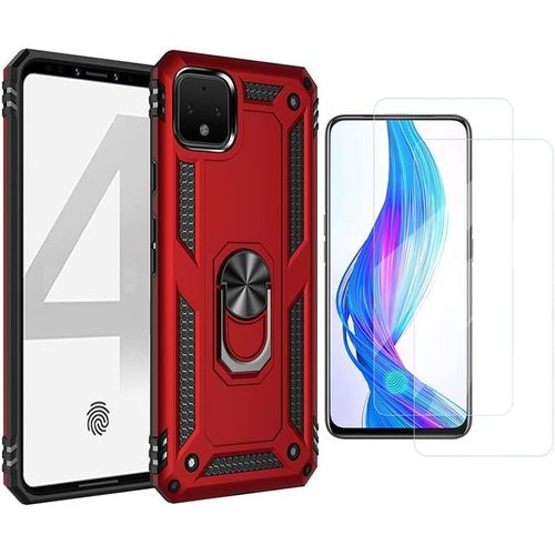 Coque De Protection Google Pixel 4 Avec 2 Verres Trempés, Support 360° Rotatif Magnétique - Antichoc Militaire, Anti-Rayures, Tpu/Pc - Rouge