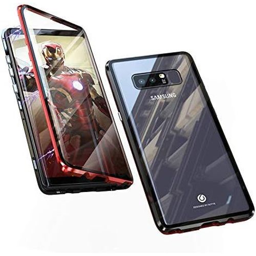 Coque De Protection Magnétique 360° Pour Samsung Galaxy Note 8 Avec Verre Trempé 9h Avant/Arrière, Cadre Aluminium Antichoc Et Fermeture Automatique - Rouge & Noir