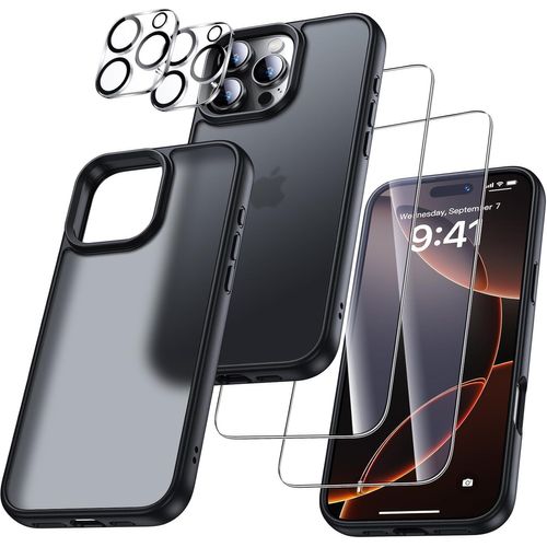 Coque De Protection Iphone 16 Pro Max 5 En 1 - Étui Militaire Antichoc Avec Verre Trempé 9h, Protecteur Caméra Transparent Anti-Jaunissement, Design Fin Et Léger - Noir