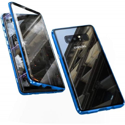 Coque De Protection Magnétique 360° Pour Samsung Galaxy Note 8, Verre Trempé Ultra Mince Transparent Avec Cadre Métal Et Support Charge Sans Fil - Bleu