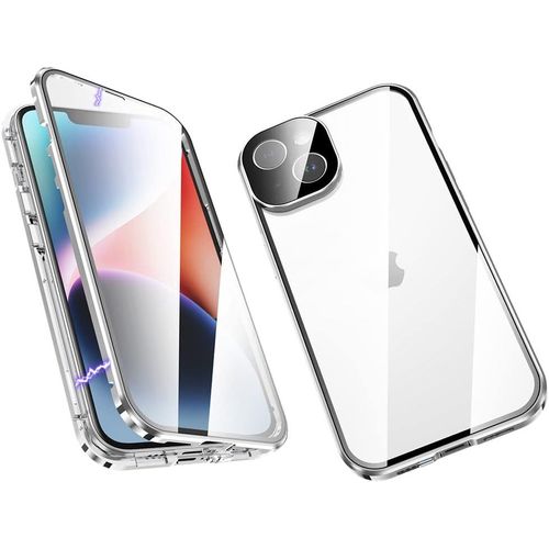 Coque De Protection Iphone 14 Magnétique Avec Verre Trempé Avant/Arrière, Bumper Métal 360° Sécurité Serrure, Compatible Chargeur Sans Fil - Argent