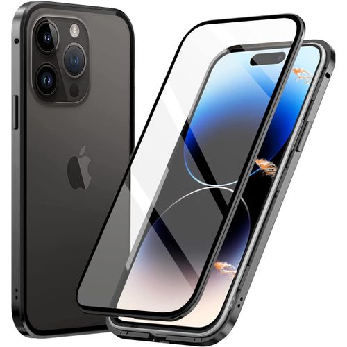 Coque De Protection Magnétique Iphone 14 Pro - Housse Ultra Mince Verre Trempé 9h 360° Anti-Choc Avec Cadre Métal, Compatible Chargeur Sans Fil, Noir