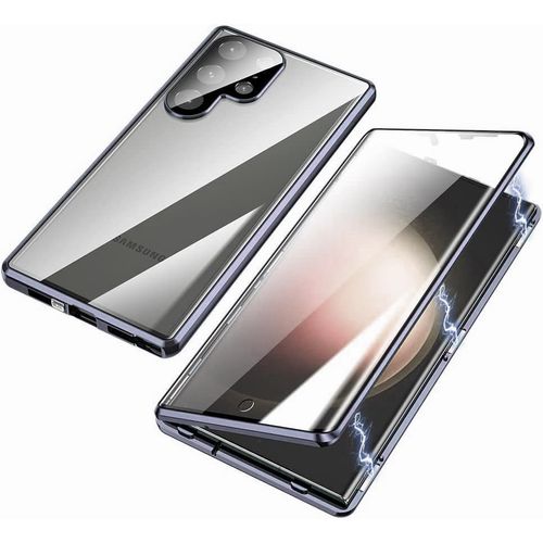Coque De Protection Magnétique Compatible Samsung Galaxy S24 Ultra Avec Verre Trempé 9h, Cadre Métallique 360°, Adsorption Automatique Et Design Transparent - Gris