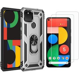 Coque De Protection Google Pixel 5 Xl Anti-Choc Militaire Avec Support Rotatif 360°, Tpu Souple + Pc Dur Et 2 Écrans Trempé - Plaque Magnétique Intégrée - Argent