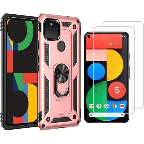 Coque De Protection Google Pixel 5 Xl 2022 Avec Support Rotatif 360°, Double Couche Tpu/Pc Antichoc Et 2 Verres Trempés, Compatible Magnétique Auto, Rose Doré
