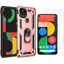 Coque De Protection Google Pixel 5 Xl 2022 Avec Support Rotatif 360°, Double Couche Tpu/Pc Antichoc Et 2 Verres Trempés, Compatible Magnétique Auto, Rose Doré