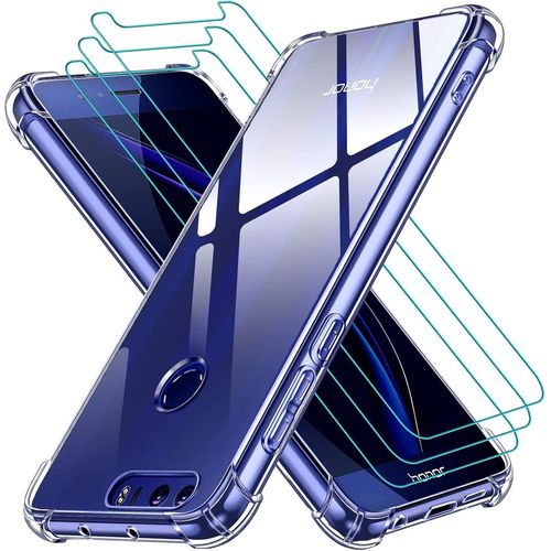 Coque De Protection Huawei Honor 8 Avec Verre Trempé 0.3mm 9h, Tpu Anti-Choc Transparent Ultra Mince Anti-Rayures Uv, Design Avec Poches D'air Et Bord Surélevé