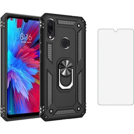 Coque De Protection Fine Pour Xiaomi Redmi Note 7/7 Pro Avec Anneau Magnétique, Film De Verre Trempé Inclus, Tpu + Pc Anti-Choc Et Bords Renforcés - Noir