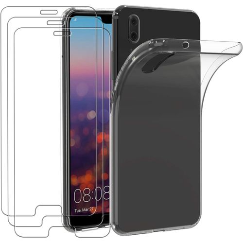 Coque De Protection Huawei P20 Avec Verre Trempé 9h Et Silicone Tpu Souple - Antichoc, Anti-Rayures, Mince, Transparente - Protection Écran Et Appareil Photo