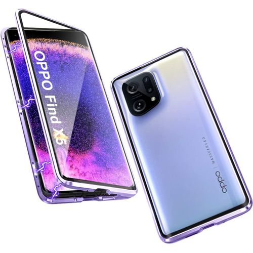 Coque De Protection Magnétique Pour Oppo Find X5 Cadre Aluminium Verre Trempé Transparent Anti-Rayures Avec Fixation 360° Violet