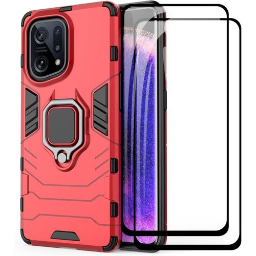 Coque De Protection Oppo Find X5 Avec Support Magnétique Intégré, Étui Blindé Antichoc Militaire Double Couche (Pc Dur + Tpu), Verre Trempé 2pcs, Rouge