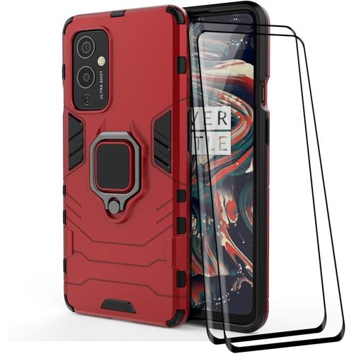 Coque De Protection Pour Oneplus 9 Housse Antichoc Tpu/Pc Avec Anneau Béquille Et 2 Films Écran 9h Anti-Rayures - Rouge