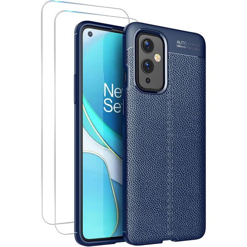 Coque De Protection Pour Oneplus 9 En Tpu Souple Ultra Fin Avec Motif Litchi Antidérapant Et 2 Films Verre Trempé 9h Anti-Rayures - Bleu