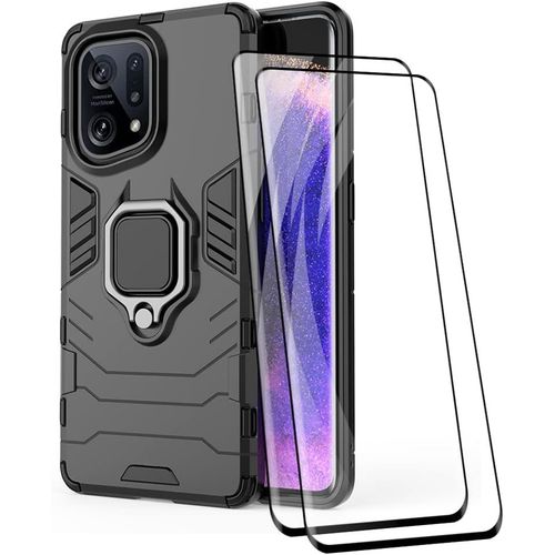 Coque De Protection Pour Oppo Find X5 Avec Verre Trempé 9h - Double Couche Tpu/Pc Antichoc, Support Magnétique Intégré, 2 Films De Protection Anti-Rayures (Noir)