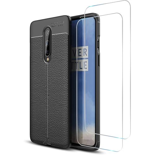 Coque De Protection Oneplus 8 Avec Verre Trempé 9h - Étui Tpu Ultra Fin Anti-Dérapant Motif Litchi, Dissipation Thermique En Nid D'abeille, 2 Films Protecteurs - Noir