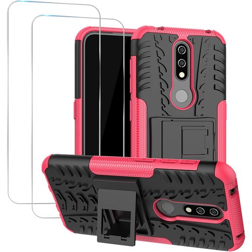 Coque De Protection Pour Nokia 4.2 Avec Support Intégré, Double Couche Anti-Choc/Anti-Rayures, Revêtement Anti-Dérapant Et 2 Verres Trempés 9h - Rose
