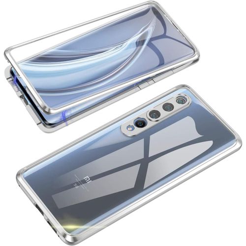 Coque De Protection Magnétique Pour Xiaomi Mi 10, Cadre Métallique Avec Verre Trempé 9h, 360° Protection Intégrale, Dos Transparent - Argent
