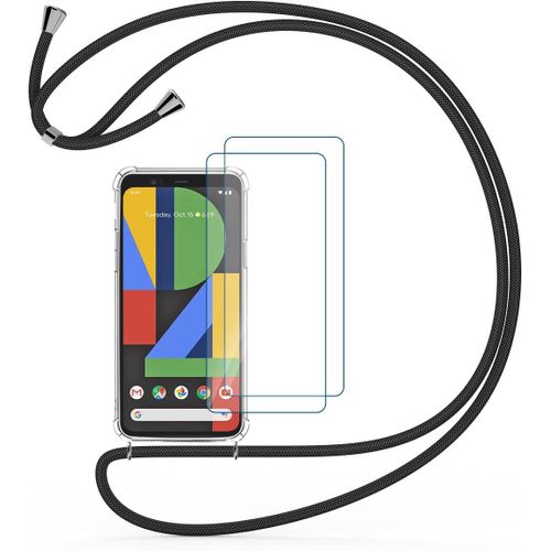 Coque De Protection Pour Google Pixel 4 Avec Sangle Réglable, Verre Trempé Transparent, Tpu Anti-Jaune Et Découpes Précises - Noir