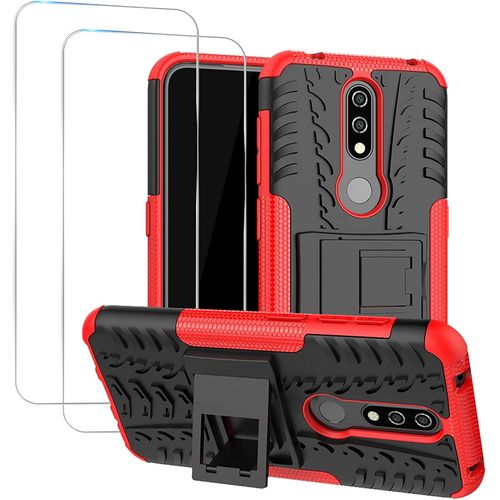 Coque De Protection Pour Nokia 4.2 - Double Couche Antichoc, Antidérapant Avec Support Intégré Et 2 Films En Verre Trempé 9h - Rouge
