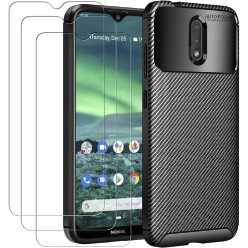 Coque De Protection Pour Nokia 2.3 Avec 3 Verres Trempés, Tpu Souple Fibre De Carbone Antichoc Anti-Rayures Anti-Graisse, Housse Slim Léger Noir