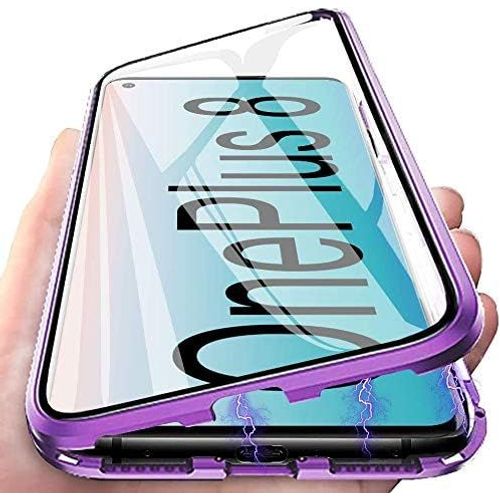Coque De Protection Magnétique Ultra Mince 360° Avec Verre Trempé 9h Avant/Arrière, Cadre Métallique Antichoc Transparent Pour Oneplus 8 5g - Violet