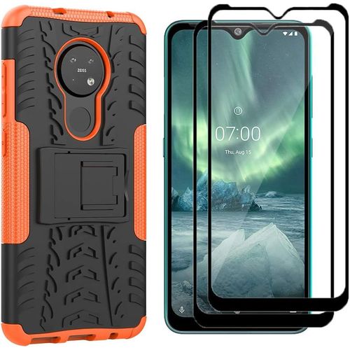 Coque De Protection Pour Nokia 7.2 Avec Verre Trempé, Housse Anti-Choc Hybride Tpu/Pc Et Support Pliable - Orange
