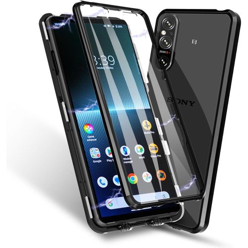 Coque De Protection Métallique Magnétique Pour Sony Xperia 1 Iv, 360° Anti-Chocs Transparente, Compatible Chargeur Sans Fil, Noir Transparent