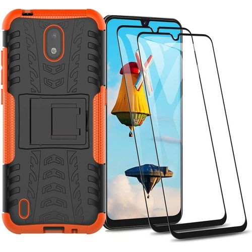Coque De Protection Nokia 1.3 Avec 2 Verres Trempés 9h, Étui 360° Antichoc Anti-Rayures, Support Pliable Et Structure Pc+Tpu Renforcée - Orange