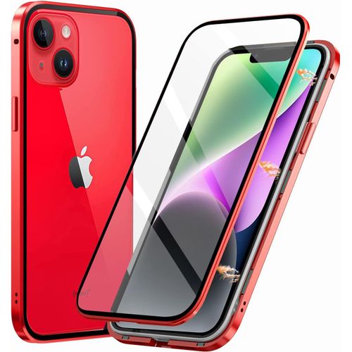 Coque De Protection Magnétique Pour Iphone 14 6,1"" Avec Verre Trempé 360° Antichoc, Cadre Métallique Ultra Mince Transparent Compatible Chargeur Sans Fil - Rouge