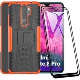 Coque De Protection Militaire Pour Xiaomi Redmi Note 8 Pro Antichoc Anti-Rayures Avec Support Intégré + 2 Films En Verre Trempé Ultra Hd - Orange