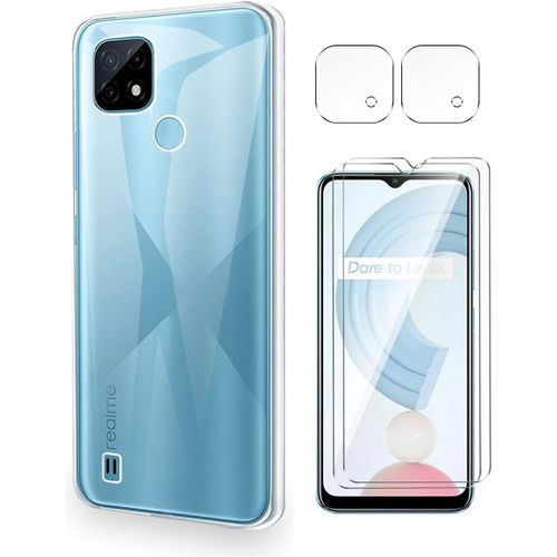 Coque De Protection Pour Realme C21 Avec 2 Verres Trempés + 2 Protections Caméra - Tpu Transparent Antichoc & Revêtement Anti-Empreintes - Housse Silicone Ultra Mince Et Résistante