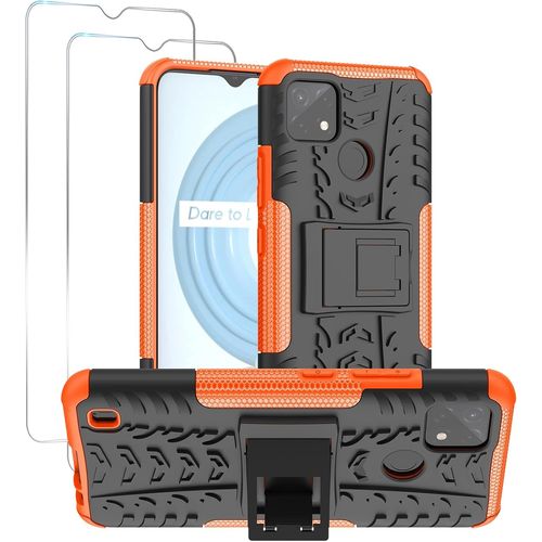 Coque De Protection Pour Realme C21y Double Couche Pc+Tpu Anti-Rayures/Antichoc Avec Support Intégré Et 2 Films En Verre Trempé 9h - Orange