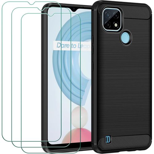 Coque De Protection Pour Realme C21/C11 2021 En Fibre De Carbone Antichoc Avec Verre Trempé 9h, Tpu Souple Anti-Rayures Et Anti-Empreintes, Noir
