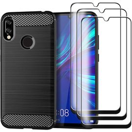 Coque De Protection Pour Huawei Y6s 2020 Avec 3 Films Verre Trempé - Tpu Doux Fibre De Carbone Silicone Anti-Chocs, Coupe Précise, Protection Anti-Rayures Et Étanche