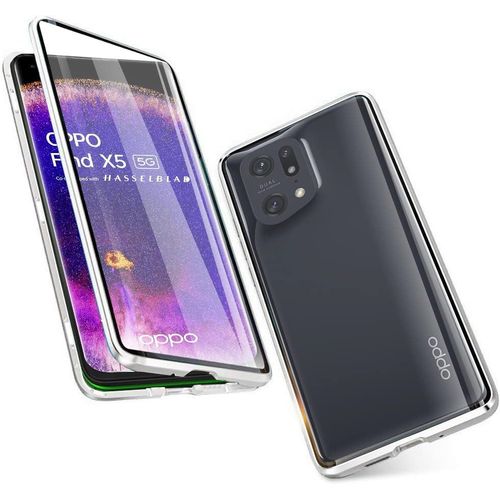 Coque De Protection Magnétique Pour Oppo Find X5 6,55"" Verre Trempé Double Face Avec Cadre Métallique, Protection Caméra 360° Et Design Premium Anti-Rayures - Argent