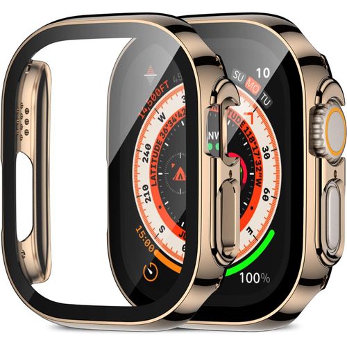 Coque De Protection Pour Apple Watch Ultra 49mm - 2 Coques Ultra-Minces Avec Verre Trempé Anti-Rayures, Bord Droit Et Sensibilité Tactile - Or Rose/Transparent