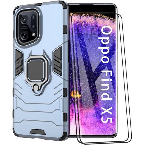 Coque De Protection Pour Oppo Find X5 5g Avec Support Rotatif 360°, Compatible Magnétique, 2 Écrans Trempés, Certifiée Mil-Std 810g - Bleu