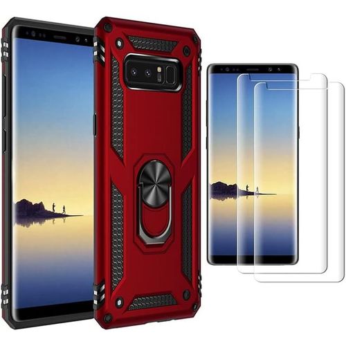 Coque De Protection Pour Samsung Galaxy Note8 (2017) Housse Anti-Choc Avec Support Rotatif Magnétique, 2 Verres Trempés - Tpu Souple Et Pc Rigide - Rouge