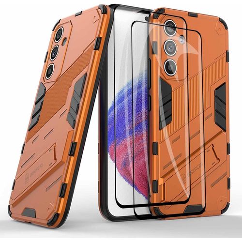 Coque De Protection Samsung Galaxy A34 5g Avec Double Verre Trempé 9h, Étui 360° Antichoc Anti-Rayures Et Support Pliable - Orange