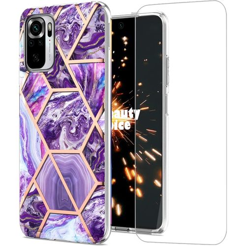Coque De Protection Pour Xiaomi Redmi Note 10s / 10 4g, Housse Ultra Mince En Tpu Souple Anti-Choc Avec Motif Marbre, Anti-Rayures + Verre Trempé Inclus - Violet