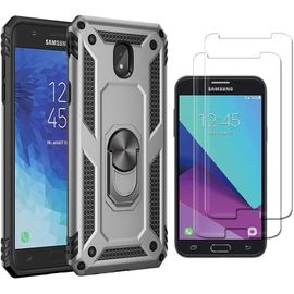Coque De Protection Samsung Galaxy J7 2018 Avec Verre Trempé 2x, Support Rotatif 360°, Tpu Souple & Pc Dur, Qualité Militaire Antichoc Magnétique Pour Voiture - Argent