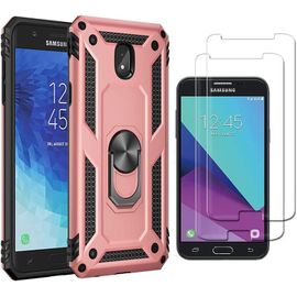 Coque De Protection Samsung Galaxy J7 2018 Avec 2 Écrans En Verre Trempé, Support Rotatif 360°, Double Matériau Tpu/Pc Antichoc - Rose Doré